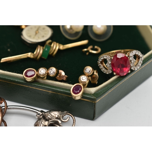 74 - A BAG OF ASSORTED JEWELLERY, to include a pair of 9ct gold ruby and diamond drop earrings, each earr... 