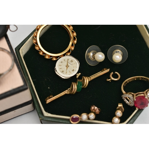 74 - A BAG OF ASSORTED JEWELLERY, to include a pair of 9ct gold ruby and diamond drop earrings, each earr... 