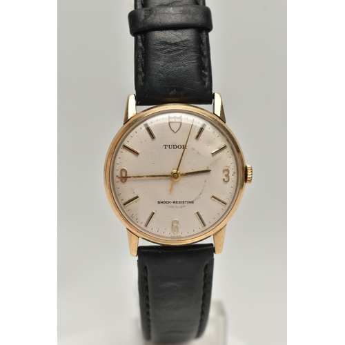 77 - A GENTS 9CT GOLD 'TUDOR' WRISTWATCH, manual wind, round silvered dial signed 'Tudor Shock-Resisting'... 