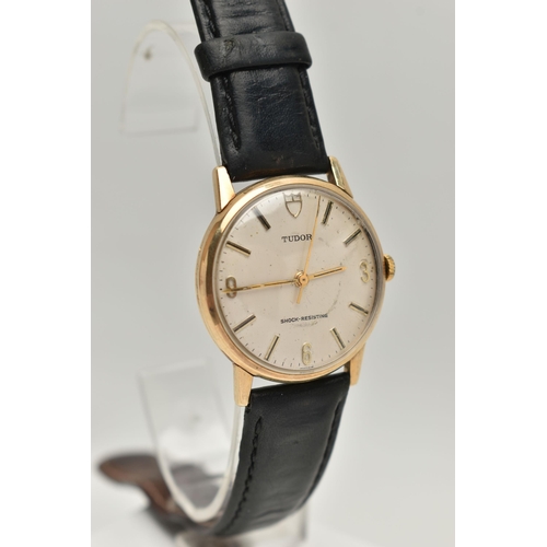 77 - A GENTS 9CT GOLD 'TUDOR' WRISTWATCH, manual wind, round silvered dial signed 'Tudor Shock-Resisting'... 