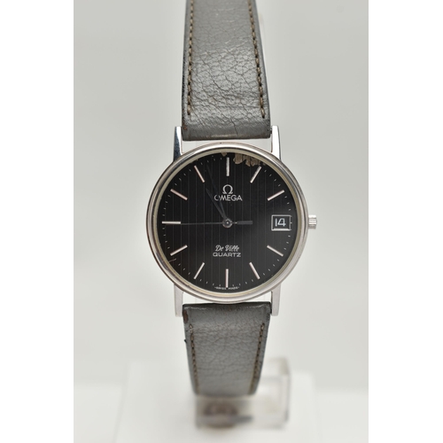 78 - TWO GENTS 'OMEGA QUARTZ' WRISTWATCHES, the first with a round black dial (wear to the dial colour be... 