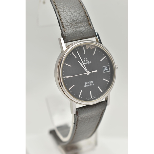 78 - TWO GENTS 'OMEGA QUARTZ' WRISTWATCHES, the first with a round black dial (wear to the dial colour be... 