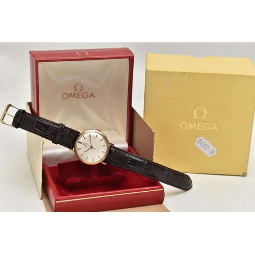 80 - A BOXED 9CT GOLD HAND WOUND OMEGA GENEVE WRISTWATCH, silvered dial with baton markers, caseback hall... 