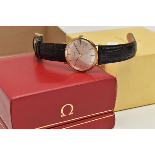 80 - A BOXED 9CT GOLD HAND WOUND OMEGA GENEVE WRISTWATCH, silvered dial with baton markers, caseback hall... 