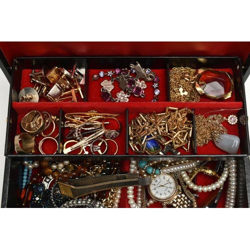 83 - A JEWELLERY BOX WITH COSTUME JEWELLERY, black jewellery box with red interior, together with three c... 