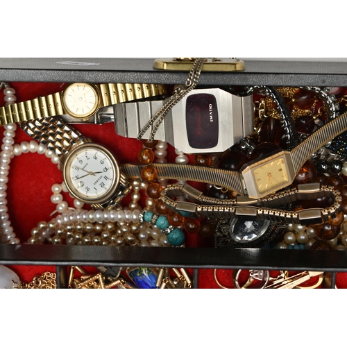 83 - A JEWELLERY BOX WITH COSTUME JEWELLERY, black jewellery box with red interior, together with three c... 