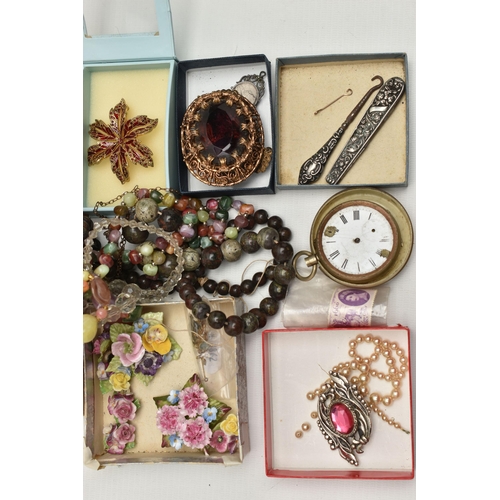 87 - A BOX OF ASSORTED ITEMS, to include an AF yellow metal bar brooch set with an oval cut aquamarine an... 