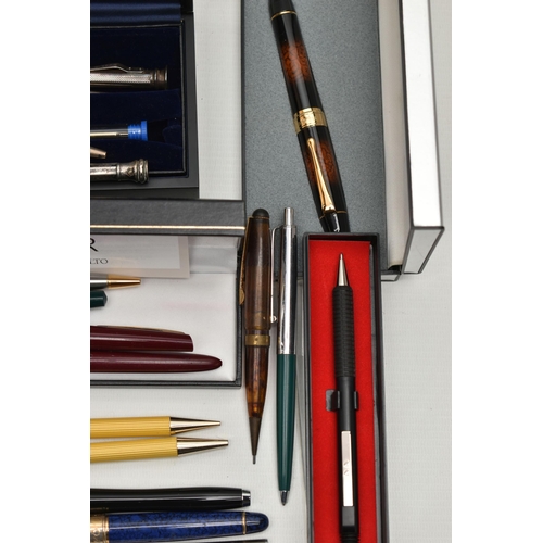 89 - A BOX OF ASSORTED PENS, to include a boxed 'Parker 51', Parker '17' lady', a 'Waterman' ball point a... 