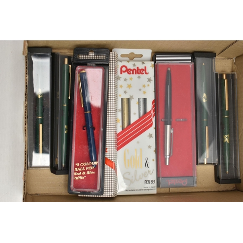 90 - A BOX OF ASSORTED PENS, to include seven boxed/packaged 'Parker' ball point pens, together with eigh... 