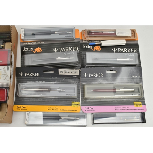 90 - A BOX OF ASSORTED PENS, to include seven boxed/packaged 'Parker' ball point pens, together with eigh... 