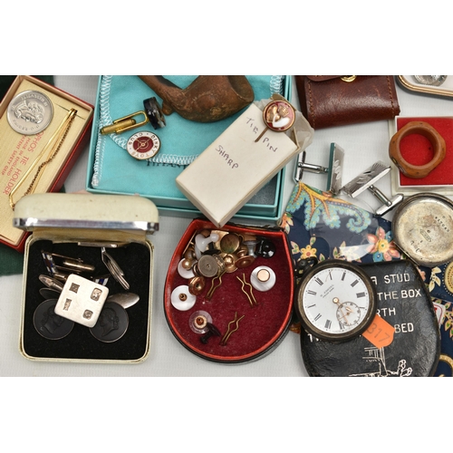 91 - A BOX OF ASSORTED ITEMS, to include a pair of silver cufflinks, square form with decorative Birmingh... 