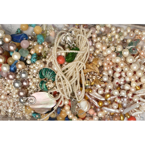 94 - A BOX OF ASSORTED JEWELLERY, to include five semi-precious gemstone necklaces, gemstones to include ... 