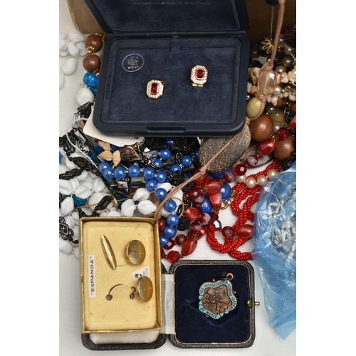 96 - A BOX OF ASSORTED COSTUME JEWELLERY AND ITEMS, to include various beaded necklaces, bracelets, glass... 