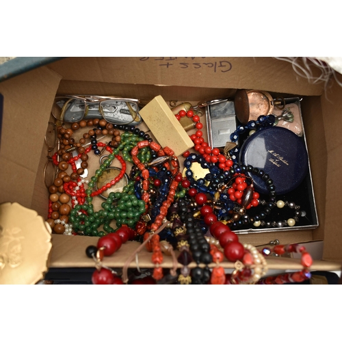 96 - A BOX OF ASSORTED COSTUME JEWELLERY AND ITEMS, to include various beaded necklaces, bracelets, glass... 