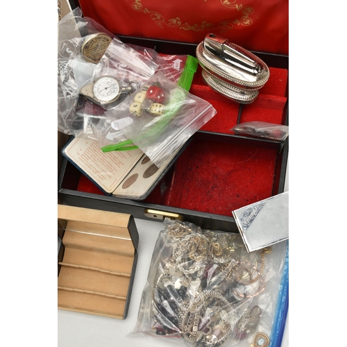 98 - A BOX OF ASSORTED ITEMS, to include a black jewellery box, a small travel jewellery box, a boxed pai... 