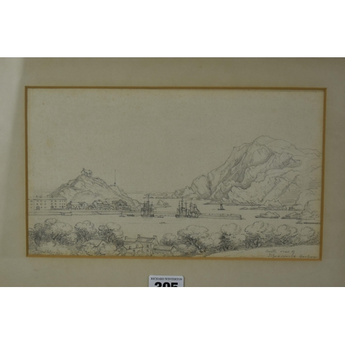 305 - CIRCLE OF JOSEPH FARRINGTON (1747-1821) 'SOUTH VIEW OF ILFRACOMBE HARBOUR', an unsigned pencil sketc... 