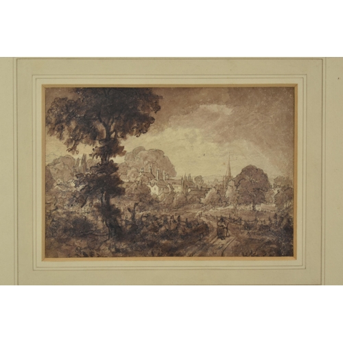 310 - CIRCLE OF HENEAGE FINCH 4TH EARL OF AYLESFORD (1751-1812), A LANDSCAPE STUDY WITH DISTANT VILLAGE, n... 