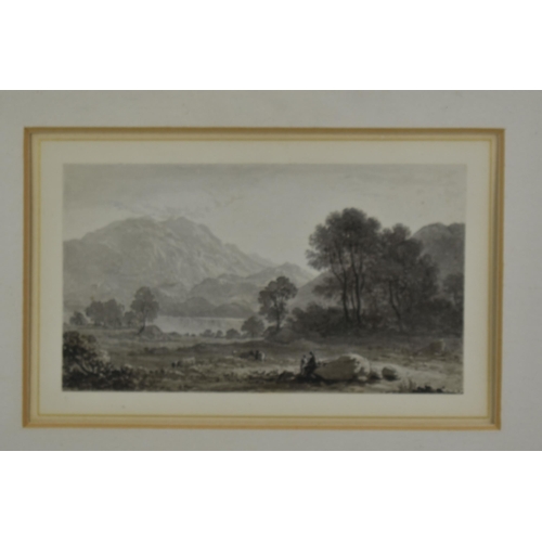 316 - CIRCLE OF JOHN GLOVER (1767-1849) A LANDSCAPE WITH A LAKE AND HILLS, unsigned, ink wash on paper, ap... 