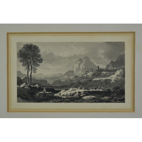 319 - CIRCLE OF JOHN GLOVER (1767-1849) A CLASSICAL LANDSCAPE WITH DISTANT HILLS, unsigned, ink wash on pa... 