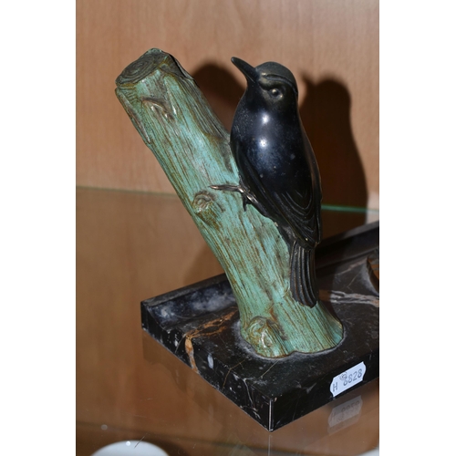 354 - A FRENCH ART DECO DESK STAND WITH CAST METAL BIRD ON A BRANCH, indistinct cast signature, inkwell wi... 