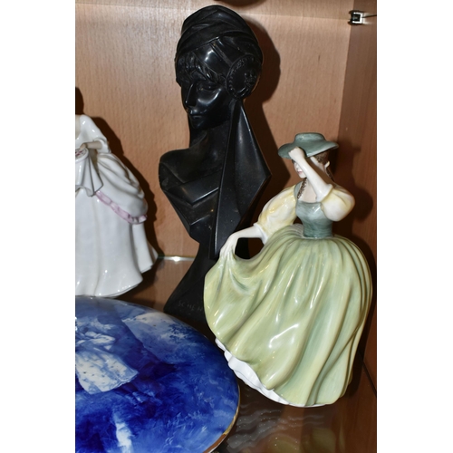 358 - A BRONZED METAL CAPELLA OF DARTINGTON BUST OF LADY AND THREE PIECES OF DOULTON, the bronzed bust imp... 