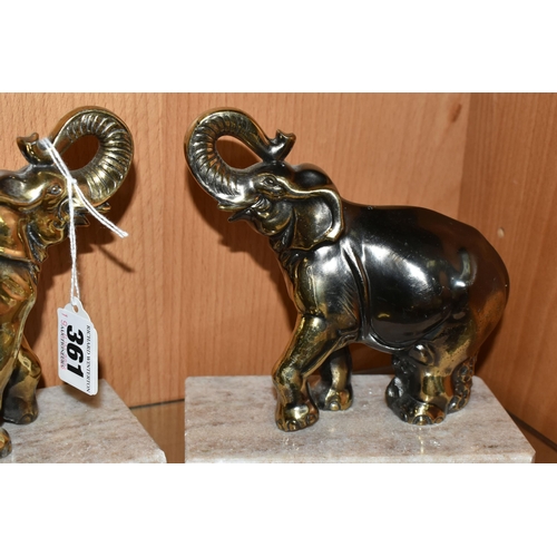 361 - A PAIR OF FRENCH ART DECO STYLE CAST METAL ELEPHANT BOOKENDS, on rectangular marble plinths, height ... 