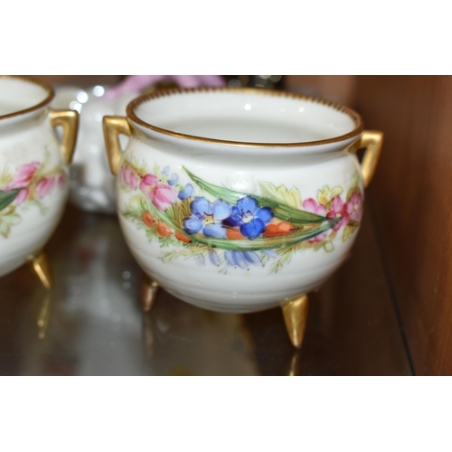 362 - TWO LATE 19TH CENTURY ROYAL WORCESTER CAULDRONS AND A BELLEEK STYLE PORCELAIN SHELL BASKET, the two ... 