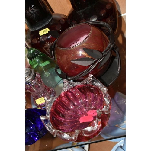 365 - TEN PIECES OF LATE 19TH AND 20TH CENTURY GLASSWARE, including a cranberry glass Mary Gregory beaker,... 