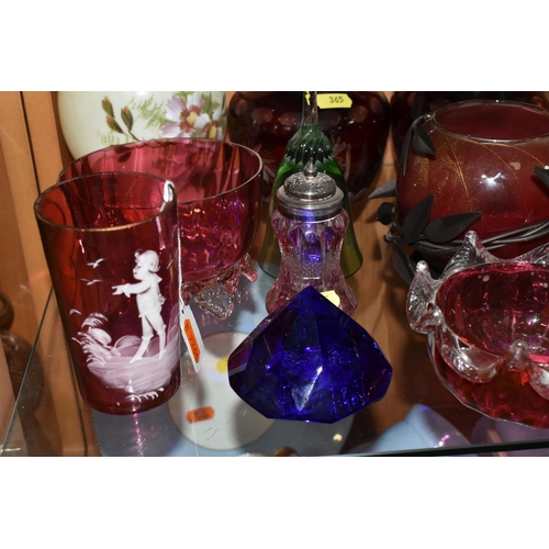 365 - TEN PIECES OF LATE 19TH AND 20TH CENTURY GLASSWARE, including a cranberry glass Mary Gregory beaker,... 