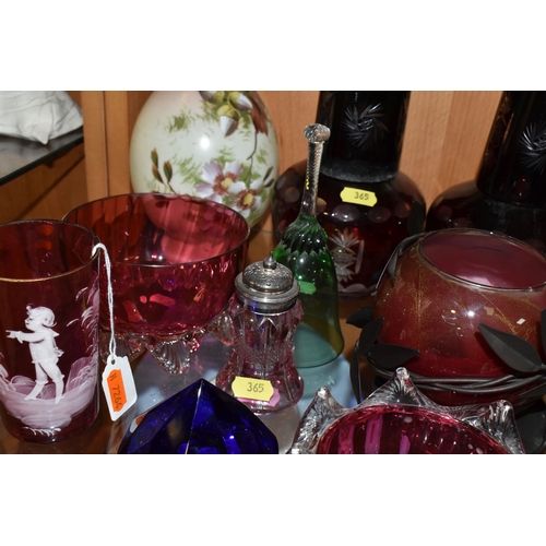 365 - TEN PIECES OF LATE 19TH AND 20TH CENTURY GLASSWARE, including a cranberry glass Mary Gregory beaker,... 