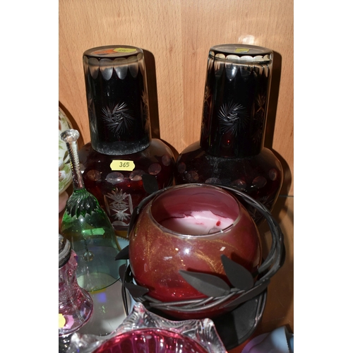 365 - TEN PIECES OF LATE 19TH AND 20TH CENTURY GLASSWARE, including a cranberry glass Mary Gregory beaker,... 