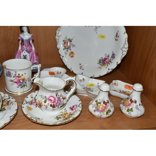 366 - A COALPORT LADY 'PENELOPE', ELEVEN PIECES OF ROYAL CROWN DERBY 'DERBY POSIES' AND A WEDGWOOD BONE CH... 