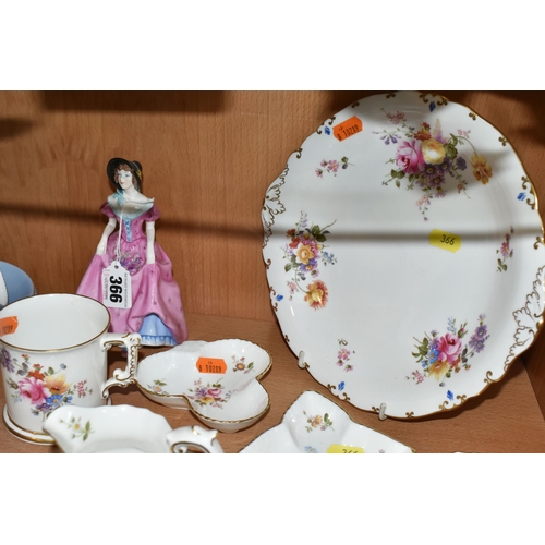 366 - A COALPORT LADY 'PENELOPE', ELEVEN PIECES OF ROYAL CROWN DERBY 'DERBY POSIES' AND A WEDGWOOD BONE CH... 