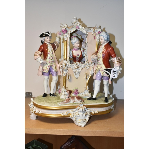 368 - A ROYAL DUX SEDAN CHAIR FIGURE GROUP, modelled with a lady inside the sedan chair and two men and a ... 