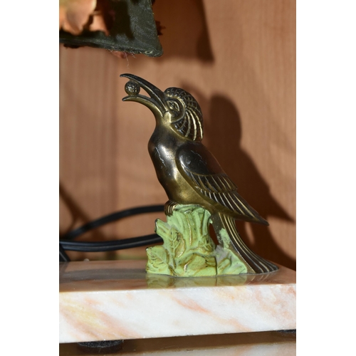 371 - A FRENCH ART DECO TABLE LAMP, the rectangular marble plinth mounted with a cast metal bird, later fa... 