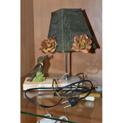 371 - A FRENCH ART DECO TABLE LAMP, the rectangular marble plinth mounted with a cast metal bird, later fa... 