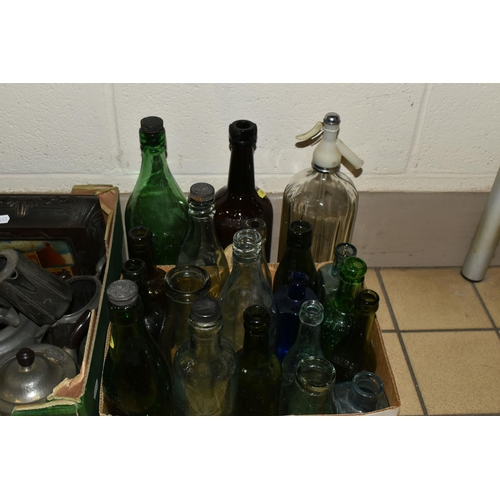 380 - THREE BOXES AND LOOSE VINTAGE BOTTLES, PEWTER, GLASSWARE, CERAMICS, ETC, including a 1911 Burton -on... 