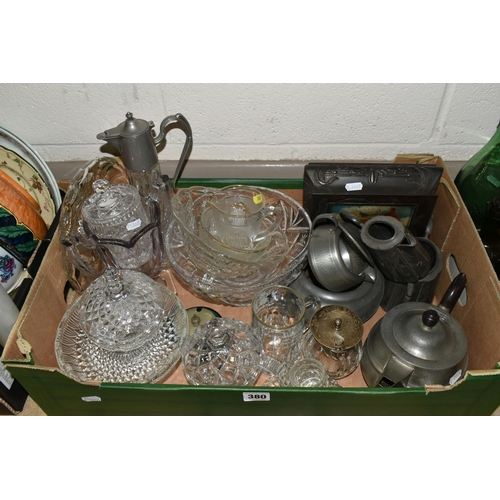 380 - THREE BOXES AND LOOSE VINTAGE BOTTLES, PEWTER, GLASSWARE, CERAMICS, ETC, including a 1911 Burton -on... 