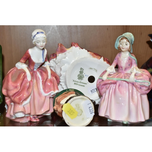 385 - THREE ROYAL DOULTON FIGURINES AND A CHARACTER JUG, comprising Autumn Breezes HN1934 (chipped and hav... 