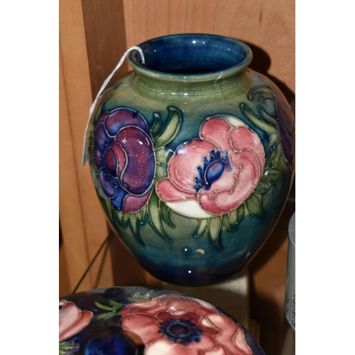 389 - TWO PIECES OF 'ANEMONE' PATTERNED MOORCROFT POTTERY, comprising a baluster vase, tube lined with pin... 