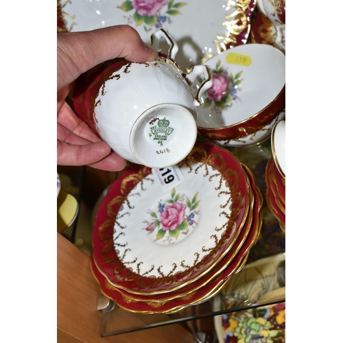 419 - AN AYNSLEY 2418 PATTERN TEA SET, decorated with a pink rose and forget-me-nots with a burgundy and g... 