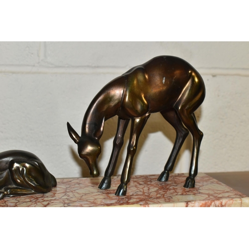 422 - A FRENCH ART DECO FIGURINE OF THREE DEER ON A MARBLE PLINTH, length 55cm x height 23cm (1)