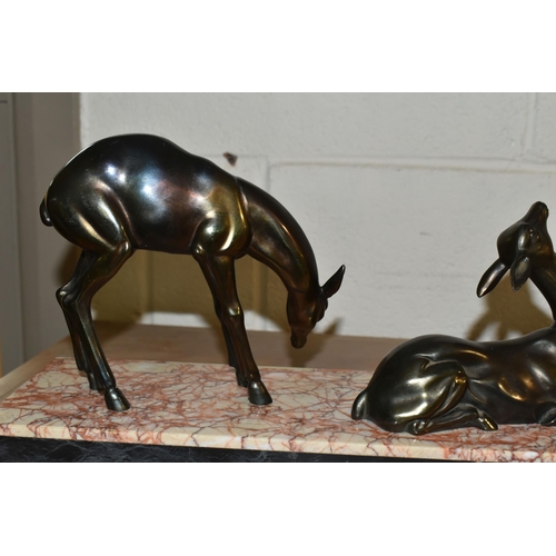 422 - A FRENCH ART DECO FIGURINE OF THREE DEER ON A MARBLE PLINTH, length 55cm x height 23cm (1)