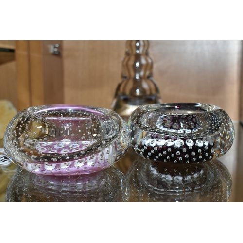 425 - TWO JOHN DEACON AND ONE PERTHSHIRE GLASS PAPERWEIGHTS, one has a pink and white millefiori design wi... 