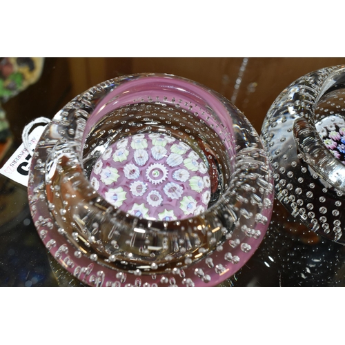 425 - TWO JOHN DEACON AND ONE PERTHSHIRE GLASS PAPERWEIGHTS, one has a pink and white millefiori design wi... 