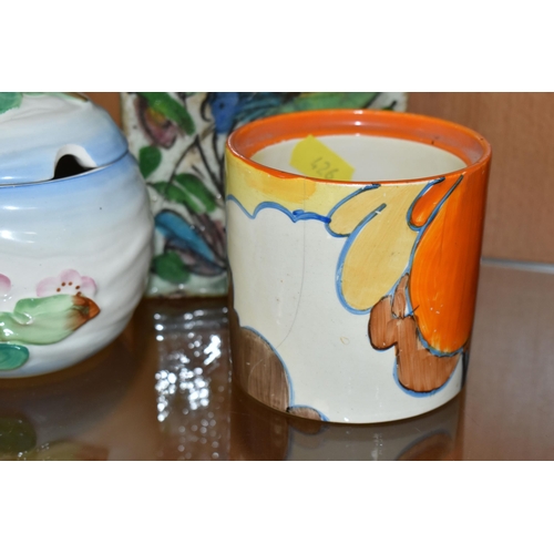 426 - TWO PIECES OF NEWPORT POTTERY CLARICE CLIFF DESIGNS, comprising a 'Water Lily' preserve pot, a 'Biza... 