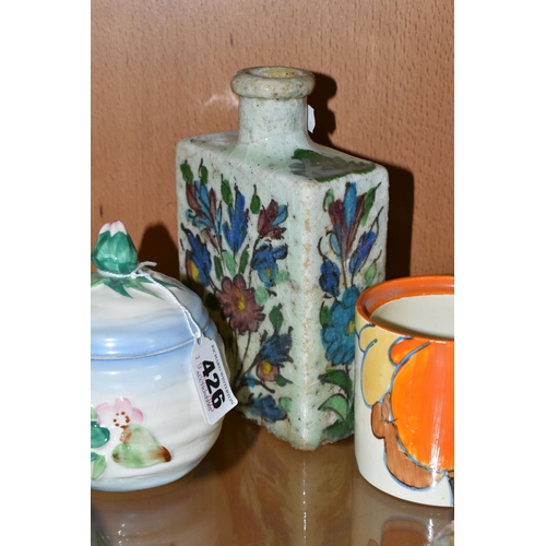 426 - TWO PIECES OF NEWPORT POTTERY CLARICE CLIFF DESIGNS, comprising a 'Water Lily' preserve pot, a 'Biza... 