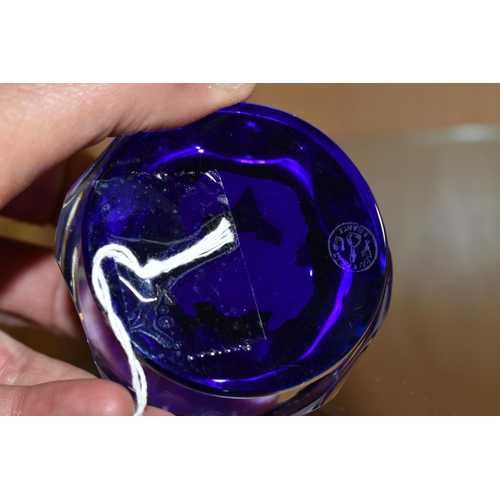 427 - A  FRENCH BACCARAT ZODIAC FACETED GLASS PAPERWEIGHT, with a cobalt blue base and central  white 'Can... 