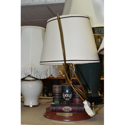 436 - A GROUP OF LAMPS AND CLOCKS, to include a pair of green ceramic table lamps with cream shades, heigh... 