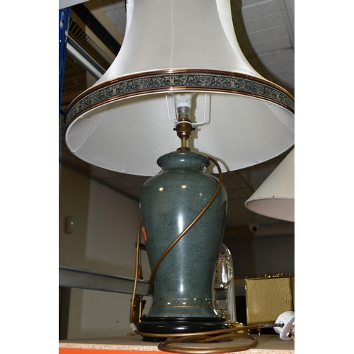 436 - A GROUP OF LAMPS AND CLOCKS, to include a pair of green ceramic table lamps with cream shades, heigh... 